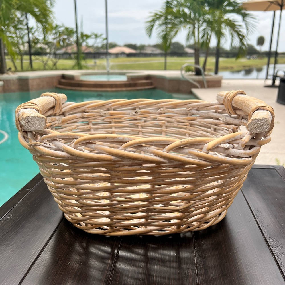 Vintage Whitewashed Wicker Basket with Wooden Handles
